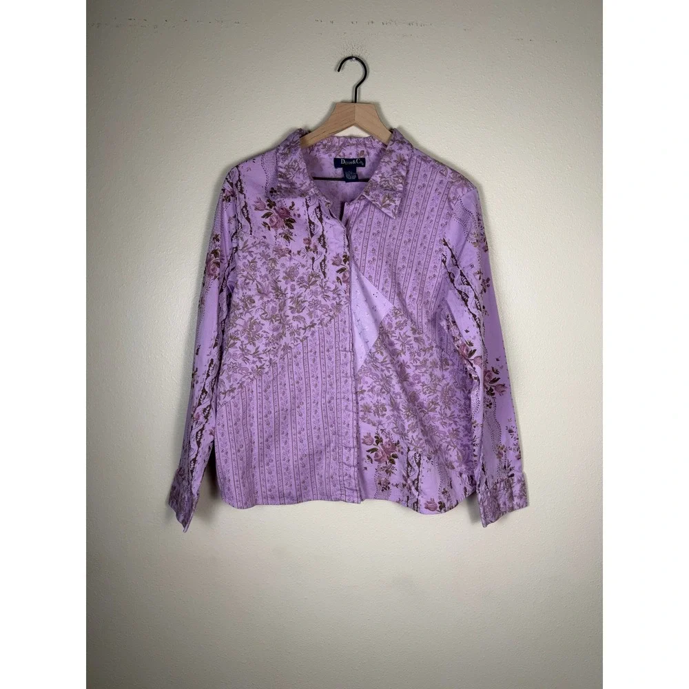 Denim & Co Cottagecore Boho Button Down Shirt Women XL Patchwork Floral Eyelet